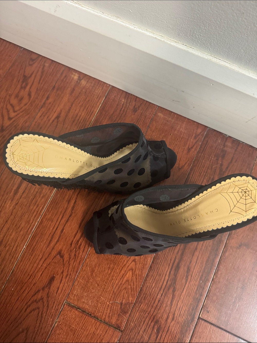 Charlotte Olympia Black Polka Dot Mesh Peep-Toe Mules